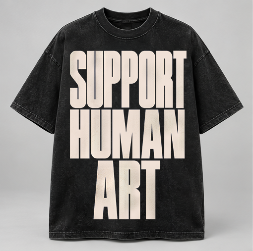 The Bold One, black tee with tall cream Support Human Art lettering