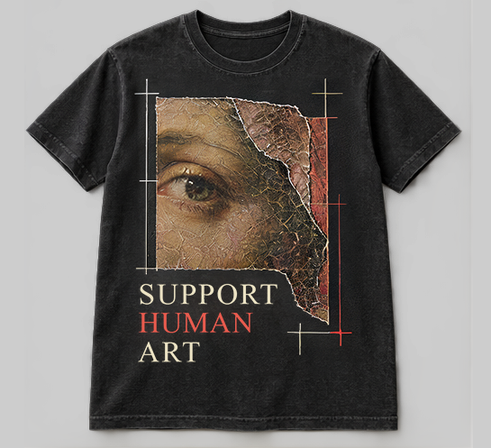 Painting fragment collage and Support Human Art lettering on a black tee